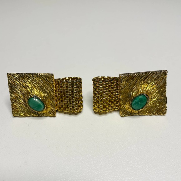 60s Art Deco Gold Tone Cufflinks and Tie Tack Set with Green Stone - Picture 3 of 9